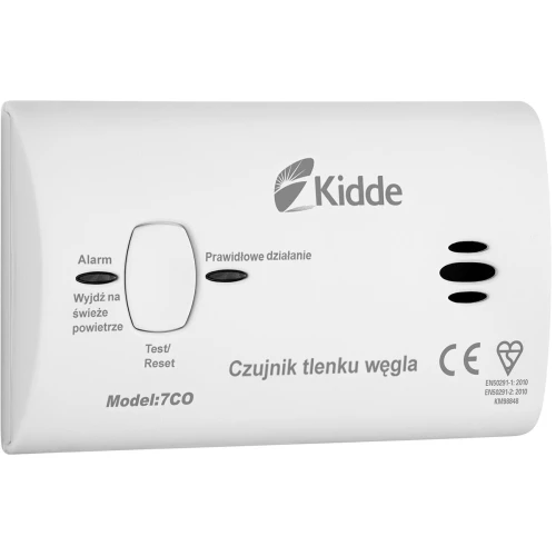 Czujnik czadu z wyświetlaczem cyfrowym pokazującym poziom tlenku węgla w powietrzu. Urządzenie ma przycisk test/reset oraz diodę sygnalizacyjną.