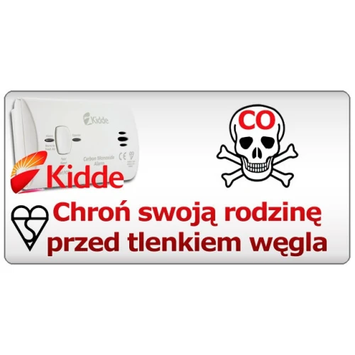 Czujnik tlenku węgla Kidde z logo i grafiką czaszki z napisem "Chroń swoją rodzinę przed tlenkiem węgla". Detektor Kidde jest przedstawiony obok ostrzeżenia o zagrożeniu CO.