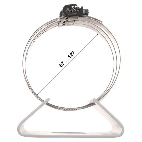 Zdjęcie przedstawia metalową opaskę zaciskową o regulowanej średnicy od 67 do 127 mm, umieszczoną na białym tle. Opaska jest wykonana ze stali nierdzewnej i posiada mechanizm śrubowy do regulacji.