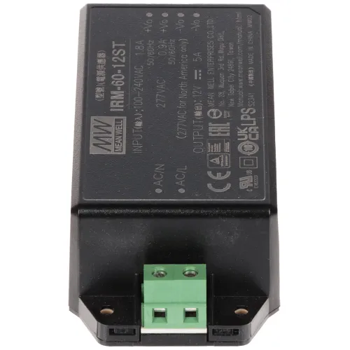 Czarny zasilacz LED Mean Well RM-60-12ST z zielonymi złączami na jednym końcu. Na obudowie znajdują się białe oznaczenia techniczne i logo producenta.