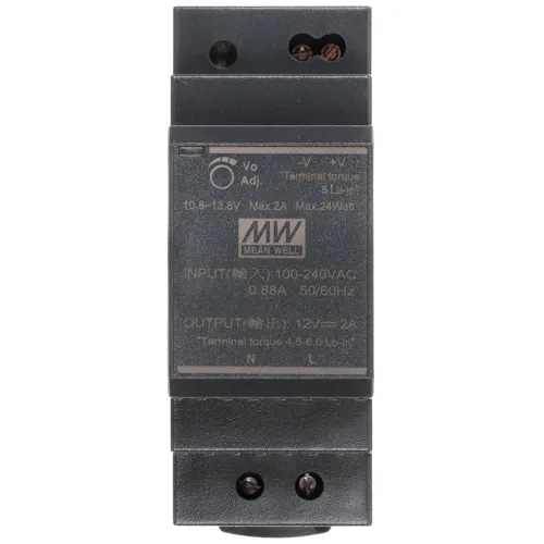 Zdjęcie przedstawia zasilacz marki Mean Well w obudowie montowanej na szynie DIN. Na przedniej części widoczne są specyfikacje techniczne, takie jak napięcie wejściowe i wyjściowe oraz logo producenta.