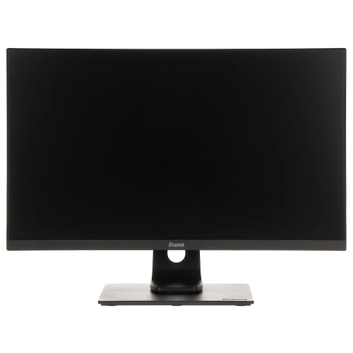 Na zdjęciu znajduje się monitor marki iiyama z cienkimi ramkami, umieszczony na prostokątnej podstawie. Ekran jest wyłączony, co podkreśla jego elegancki, minimalistyczny design.