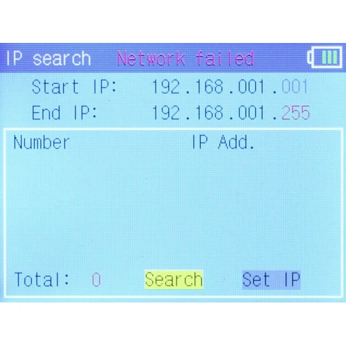 Ekran pokazuje komunikat "Network failed" z opcjami wyszukiwania IP, gdzie podano zakres od 192.168.001.001 do 192.168.001.255. Na dole ekranu znajdują się przyciski "Search" i "Set IP".