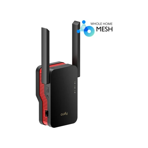 Na zdjęciu znajduje się czarno-czerwony access point Cudy RE3000 z dwoma antenami, widoczny z boku. W prawym górnym rogu znajduje się logo "Whole Home Mesh".
