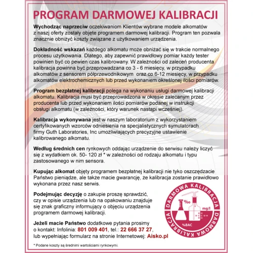 Program darmowej kalibracji dla alkomatów AlcoFind Elite, opisujący korzyści i procedury związane z utrzymaniem dokładności pomiarów. Informacje dotyczą częstotliwości kalibracji oraz warunków, jakie należy spełnić, aby skorzystać z oferty dla alkomatu AlcoFind Elite.