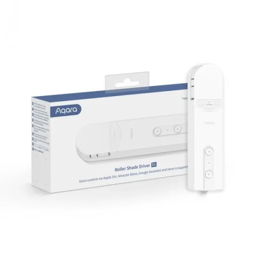 Zdjęcie przedstawia biały napęd do rolet Aqara Roller Shade Driver E1 obok jego opakowania. Na opakowaniu widoczne są informacje o kompatybilności z Apple Siri, Amazon Alexa i Google Assistant.