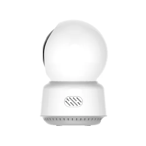 Biała, kulista kamera monitorująca z czarnym obiektywem umieszczona na cylindrycznej podstawie z otworami wentylacyjnymi. Urządzenie ma nowoczesny design i jest przeznaczone do użytku wewnętrznego.