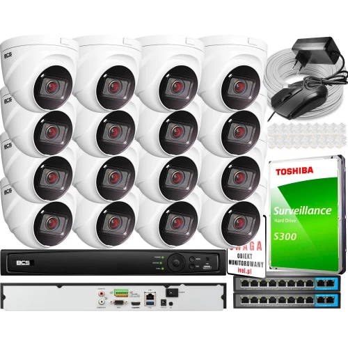 Zestaw monitoringu BCS-View składa się z szesnastu białych kamer kopułkowych, rejestratora oraz dysku twardego Toshiba Surveillance S300. W komplecie znajdują się również akcesoria montażowe i zasilacz.