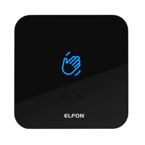 Czarny, kwadratowy panel z niebieską ikoną dłoni na środku, oznaczającą funkcję bezdotykową. Na dole widnieje logo "ELFON".