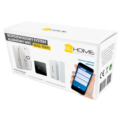 Pudełko bezprzewodowego systemu alarmowego EL Home WAS-90H1 z widocznymi grafikami komponentów i aplikacji mobilnej. Na opakowaniu znajdują się informacje o łatwej instalacji i kompatybilności z aplikacją eWeLink.