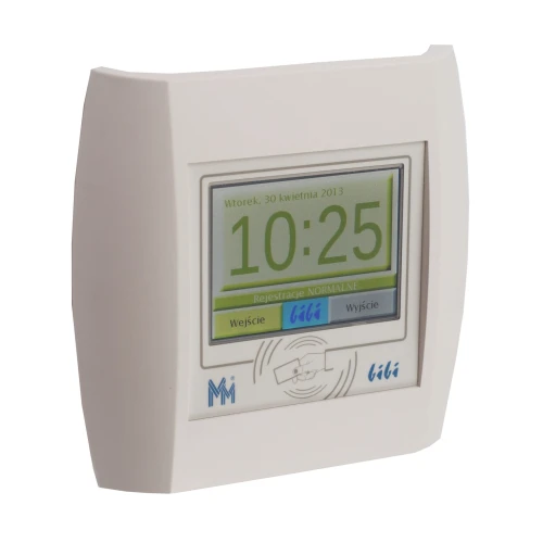 Na zdjęciu znajduje się Bibi C25 Kit J, zestaw do rejestracji czasu pracy z wyświetlaczem pokazującym godzinę i datę. Produkt Bibi C25 Kit J jest wyposażony w funkcje wejścia i wyjścia.