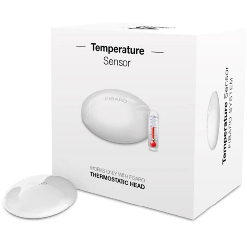 Na zdjęciu znajduje się FIBARO Zestaw do inteligentnego sterowania ogrzewaniem SPB, który obejmuje elegancki, biały czujnik temperatury. Produkt jest kompaktowy i nowoczesny, idealny do precyzyjnego monitorowania temperatury w pomieszczeniach.