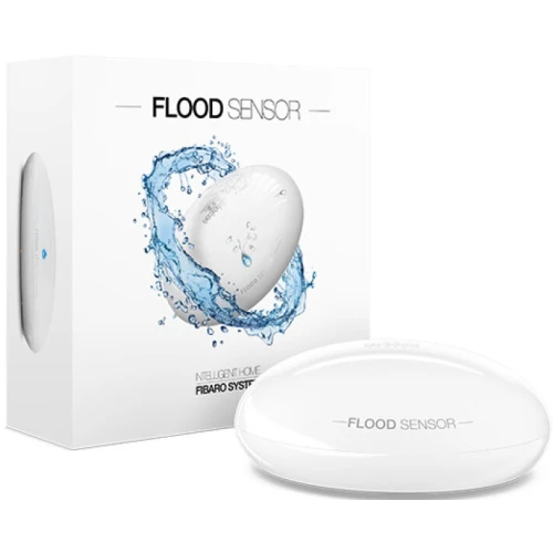 Czujnik zalania wodą FIBARO Flood Sensor w eleganckiej, białej obudowie z widocznymi metalowymi stykami na spodzie. Urządzenie przeznaczone do wykrywania wycieków wody, zapewniając bezpieczeństwo w domu.