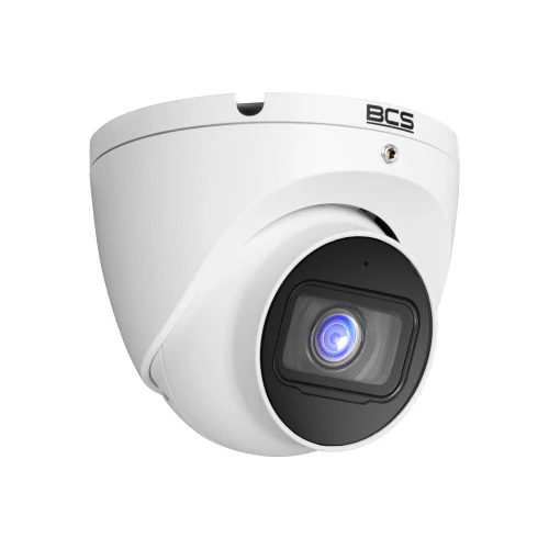 Biała kamera kopułkowa BCS z obiektywem o wysokiej rozdzielczości, przeznaczona do monitoringu wizyjnego. Posiada nowoczesny design i jest wyposażona w diodę LED doświetlającą.