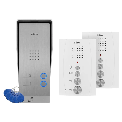 Dörrtelefon EURA ADP-62A3 - vit, för två familjer, högtalande, stöd för 2 ingångar, RFID-läsare