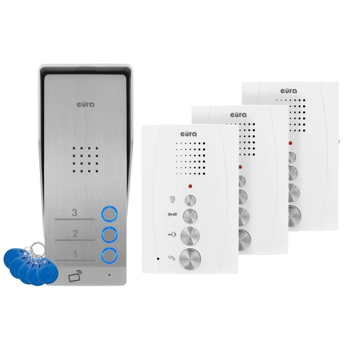 Dörrtelefon EURA ADP-63A3 - vit, för tre familjer, högtalande, stöd för 2 ingångar, RFID-läsare
