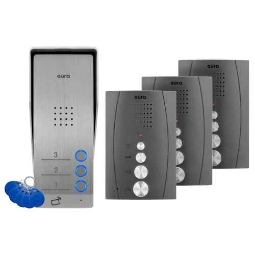 Dörrtelefon EURA ADP-63A3 - grafitgrå, för tre familjer, högtalande, stöd för 2 ingångar, RFID-läsare