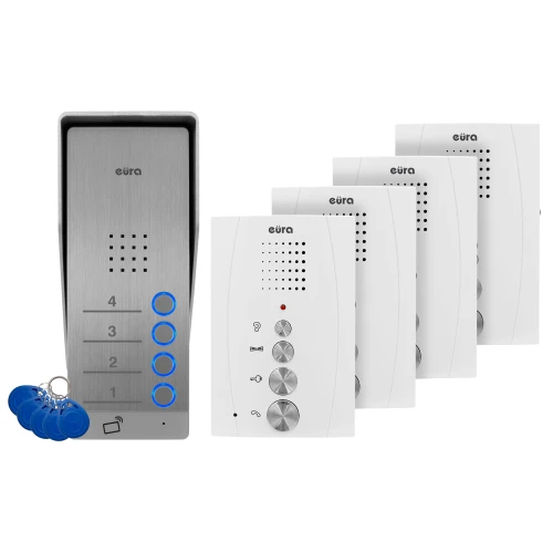 Porttelefon EURA ADP-64A3 - vit, för fyra familjer, högtalande, stöd för 2 ingångar, RFID-läsare