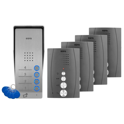 Dörrtelefon EURA ADP-64A3 - grafit, för fyra familjer, högtalande, stöd för 2 ingångar, RFID-läsare