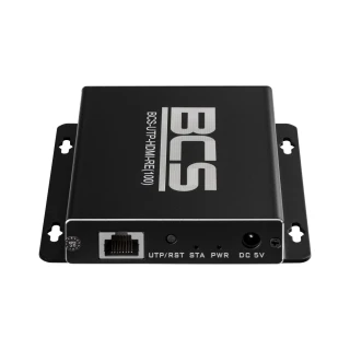 Czarny odbiornik HDMI extender BCS z białym logo i napisami na górze obudowy. Urządzenie posiada porty na przednim panelu, w tym wejście RJ45 i zasilanie DC 5V.