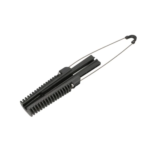 Zdjęcie przedstawia czarny uchwyt kablowy z metalowym drutem, używany do mocowania kabli. Uchwyt ma żebrowaną strukturę i jest wyposażony w hak na końcu drutu.