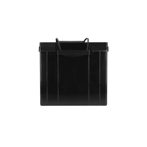 Czarny, prostokątny pojemnik z uchwytami po bokach, widziany z przodu. Pojemnik ma gładką powierzchnię i wyraźne pionowe linie na bokach.