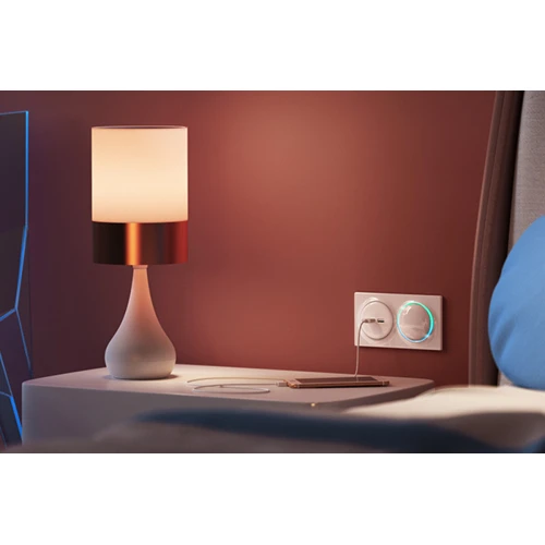 Inteligentny Sterownik Rolet FIBARO Walli Roller Shutter FGWREU-111 zamontowany w ścianie, z widocznym eleganckim panelem dotykowym. Produkt prezentuje nowoczesny design i funkcjonalność w sterowaniu roletami.