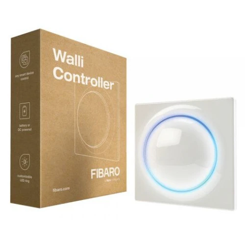 Na zdjęciu znajduje się biały kontroler Fibaro Walli z podświetleniem LED w kształcie pierścienia, obok którego stoi brązowe pudełko z napisem "Walli Controller". Produkt jest przeznaczony do inteligentnego sterowania urządzeniami domowymi.
