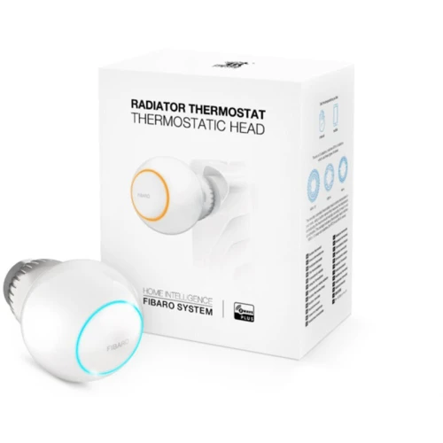 Na zdjęciu znajduje się głowica termostatyczna z zestawu FIBARO do inteligentnego sterowania ogrzewaniem SPB, prezentująca nowoczesny design i cyfrowy wyświetlacz. Produkt jest umieszczony na białym tle, co podkreśla jego elegancki wygląd.