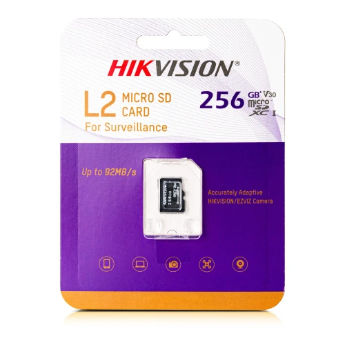 Opakowanie karty microSD Hikvision L2 o pojemności 256 GB, przeznaczonej do monitoringu, z prędkością do 92 MB/s. Opakowanie jest w kolorach białym i fioletowym, z widocznymi ikonami i opisami funkcji.