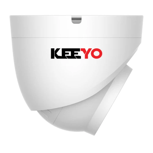 Biała kamera kopułkowa z logo "KEEYO" na obudowie, widoczna z boku. Kamera ma nowoczesny design i jest przeznaczona do monitoringu.