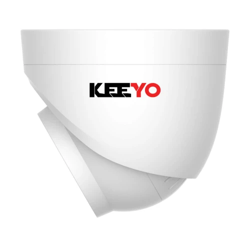 Biała kamera kopułkowa z logo "KEEYO" na przedniej części obudowy. Kamera ma nowoczesny design i jest skierowana w lewą stronę.