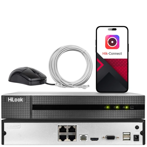 Na zdjęciu znajduje się rejestrator wideo HiLook z widocznymi portami z tyłu, myszka, kabel sieciowy oraz smartfon z aplikacją Hik-Connect na ekranie. Urządzenia są ustawione na białym tle, co podkreśla ich funkcjonalność i nowoczesny design.