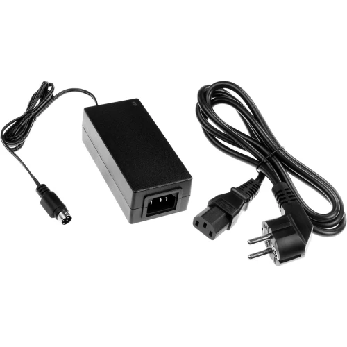 Zestaw zasilający Hikvision składający się z prostokątnego adaptera zasilania oraz dwóch kabli: jednego z wtyczką do gniazdka elektrycznego i drugiego z końcówką do podłączenia urządzenia. Adapter jest czarny, a kable mają standardowe wtyczki do użytku z urządzeniami elektronicznymi.