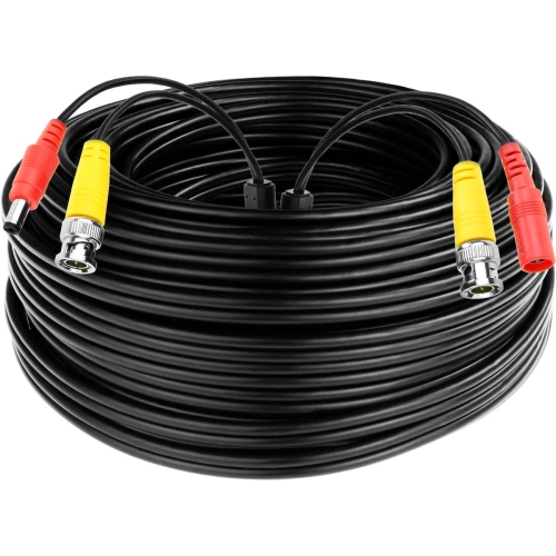 Zestaw kabli do monitoringu składający się z długiego, czarnego przewodu z końcówkami BNC i RCA w kolorach żółtym i czerwonym. Kable są starannie zwinięte w krążek, gotowe do użycia w systemach bezpieczeństwa.