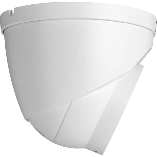 Biała, kopułowa kamera IP o nowoczesnym designie, widoczna z boku na białym tle. Kamera ma gładką powierzchnię i minimalistyczny wygląd.