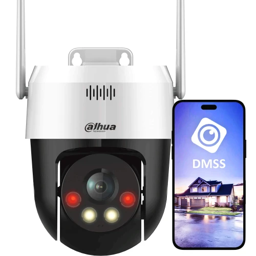 Obraz przedstawia obrotową kamerę WiFi marki Dahua w kolorze czarno-białym, z widocznymi diodami i obiektywem. Obok kamery znajduje się smartfon z aplikacją DMSS, pokazującą obraz z kamery.