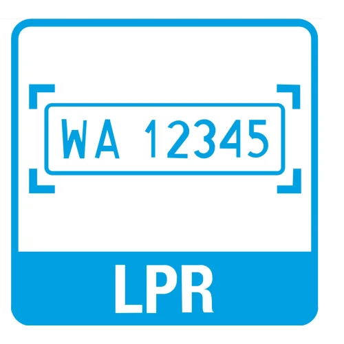 Ikona przedstawia niebieski symbol tablicy rejestracyjnej z numerem "WA 12345" otoczonym przez prostokątne nawiasy. Pod spodem znajduje się napis "LPR".