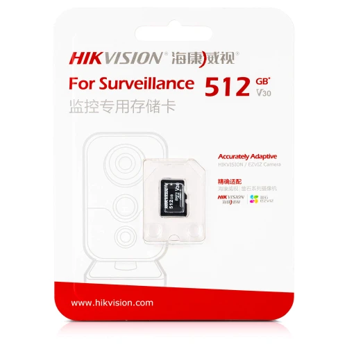 Opakowanie karty pamięci microSD o pojemności 512 GB marki Hikvision, przeznaczonej do monitoringu. Widoczna jest karta w przezroczystym etui na tle białego i czerwonego opakowania z napisami w kilku językach.