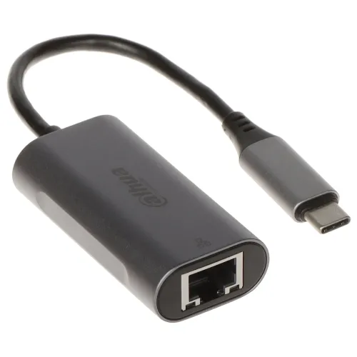Na zdjęciu znajduje się czarna karta sieciowa Ethernet z interfejsem USB-C, marki Dahua. Urządzenie ma kompaktowy design z widocznym portem Ethernet i kablem zakończonym wtykiem USB-C.