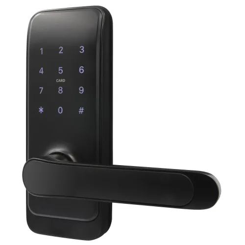 Czarna klamka z wbudowanym kontrolerem dostępu, wyposażona w klawiaturę numeryczną i czytnik kart. Elegancki design z podświetlanymi przyciskami na gładkiej powierzchni.