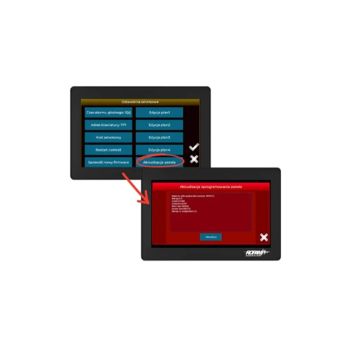 Na zdjęciu widoczne są dwa ekrany dotykowe z interfejsem użytkownika, na których wyświetlane są opcje ustawień serwisowych i aktualizacji oprogramowania panelu. Ekrany są połączone czerwoną strzałką, wskazującą przejście z menu ustawień do ekranu aktualizacji.