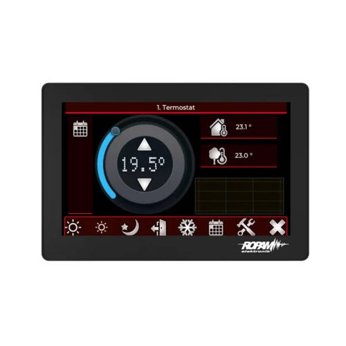 Na zdjęciu znajduje się dotykowy manipulator Ropam z wyświetlaczem pokazującym temperaturę 19,5°C oraz ikonami do sterowania różnymi funkcjami. Ekran jest otoczony czarną ramką z logo Ropam w prawym dolnym rogu.