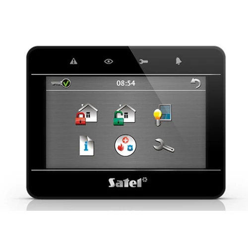 Na zdjęciu znajduje się manipulator z ekranem dotykowym marki Satel, prezentujący interfejs z ikonami dotyczącymi bezpieczeństwa i zarządzania domem. Urządzenie ma elegancki, czarny design z wyraźnym wyświetlaczem i przyciskami funkcyjnymi.