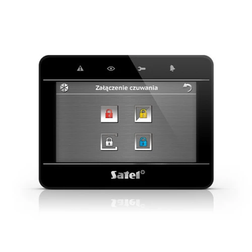 Na zdjęciu znajduje się manipulator z ekranem dotykowym marki Satel, prezentujący interfejs z ikonami kłódek w różnych kolorach. Urządzenie ma elegancki, czarny design z wyraźnym wyświetlaczem.