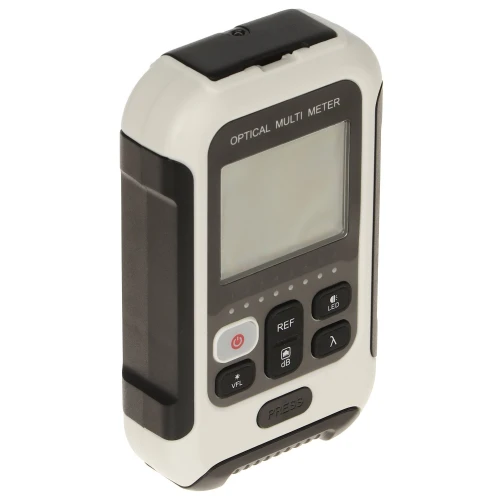 Przedstawiony jest miernik mocy optycznej z wyświetlaczem LCD i kilkoma przyciskami funkcyjnymi na przednim panelu. Urządzenie ma kompaktową, prostokątną obudowę w kolorach czarnym i białym.