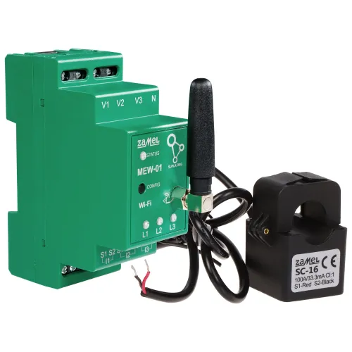 Zielony monitor energii elektrycznej MEW-01F marki Zamel z widocznymi złączami i anteną Wi-Fi. Obok znajduje się czarny czujnik prądowy SC-16 z przewodami.