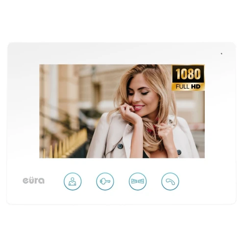 Biały monitor Eura VDA-41A3 Connect z ekranem wyświetlającym zdjęcie kobiety oraz ikonami funkcji na dole. Na ekranie widoczny jest napis "1080 FULL HD".