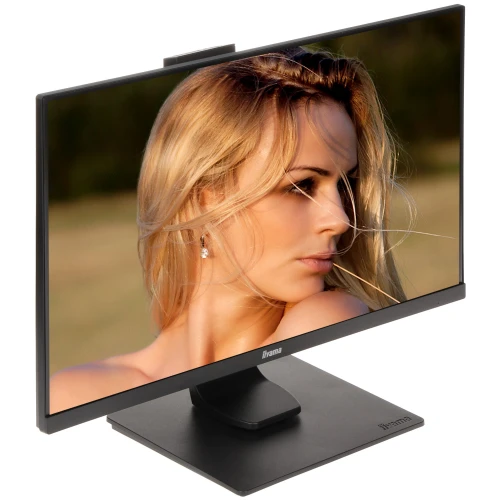 Monitor iiyama XUB2493HSU-B1 o przekątnej 23,8 cala z cienkimi ramkami, wyświetla obraz kobiety na ekranie. Urządzenie posiada złącza VGA, HDMI, DP oraz funkcję audio.