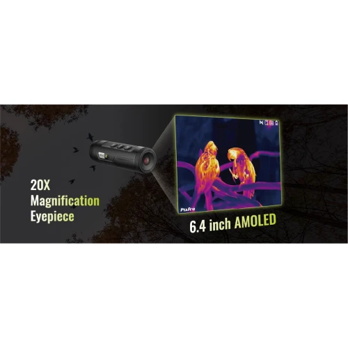 Monokular termowizyjny Pixfra z 20-krotnym powiększeniem i wyświetlaczem AMOLED 6,4 cala pokazuje obraz dwóch papug w trybie termowizyjnym. W tle widoczne są sylwetki drzew i lecących ptaków.